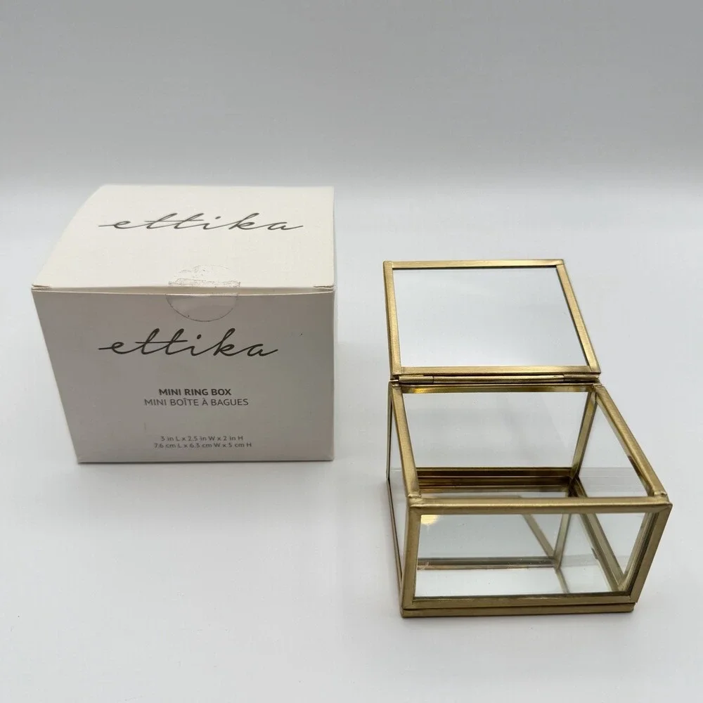 Ettika Mini Ring Box Glass & Brass 3″ × 2.5″ × 2″ Display Trinket Box